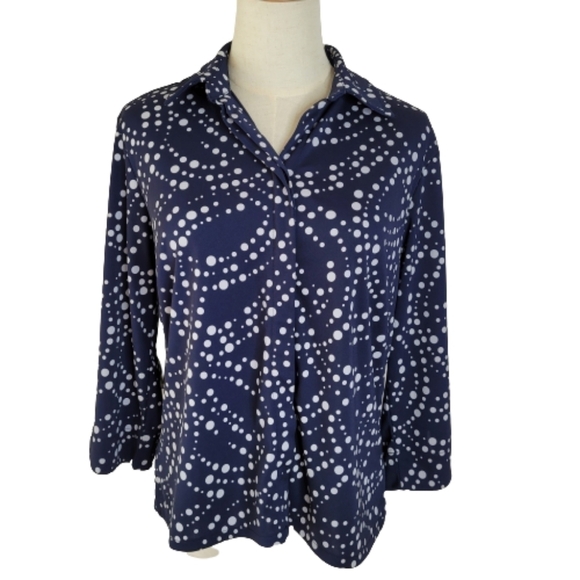 Amanda Smith Midnight Navy Polka Dot Long Sleeve Blouse Sz M - Picture 1 of 9